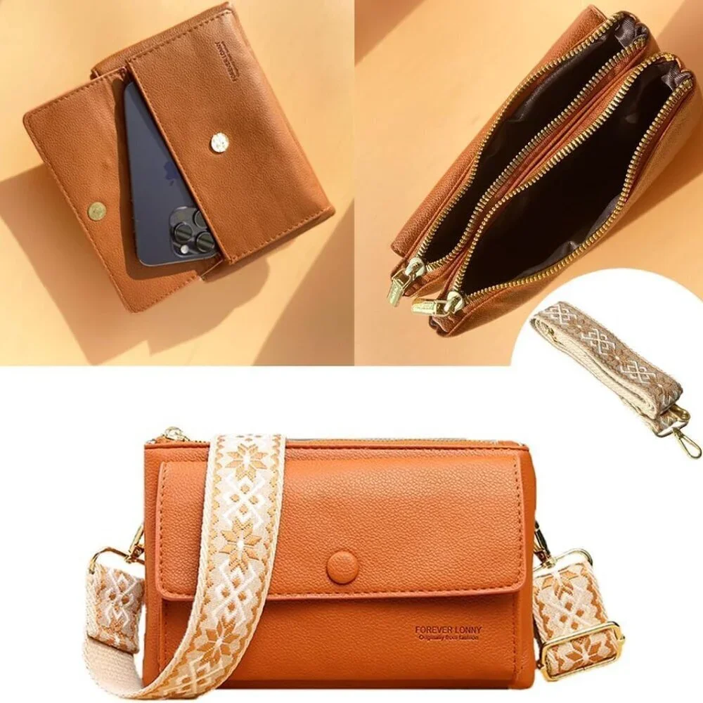 PU Leather Crossbody Bag Women Multi-Pocket Zipper Casual Purse Brown